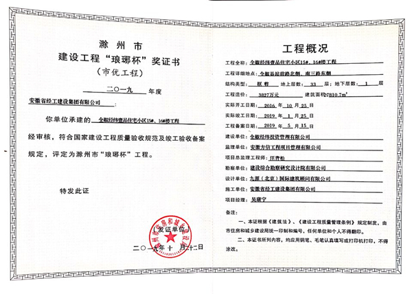 全椒经纬壹品部分项目获滁州市琅琊杯奖项
